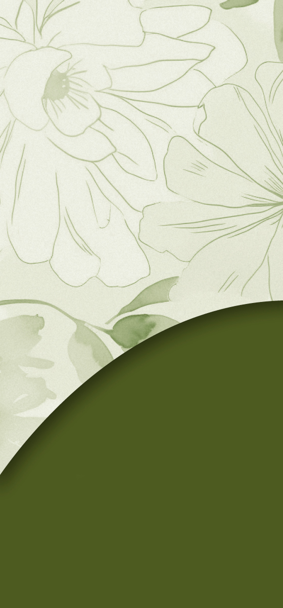 Immagine di sfondo neutro verde con una mezza luna con petali di fiore in trasparenza.